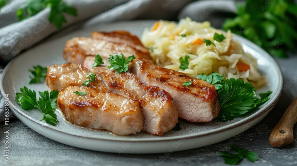 Plate contains piece of lean pork piglet tenderloin meat, garnished with stewed sour cabbage. Fried pork meat and vegetable side dish universal dish Plate contains piece of lean pork piglet tenderloin meat, garnished with stewed sour cabbage. Fried pork meat and vegetable side dish universal dish