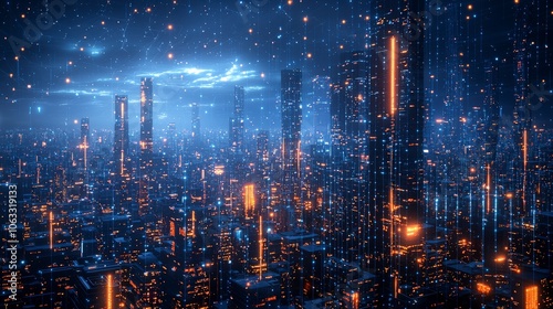 A striking futuristic cityscape filled with tall skyscrapers adorned with vibrant neon blue and orange lights, representing modern urban life and technology. photo