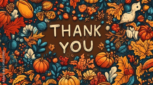 Autumn themed thank you illustration with pumpkins and colorful leaves photo