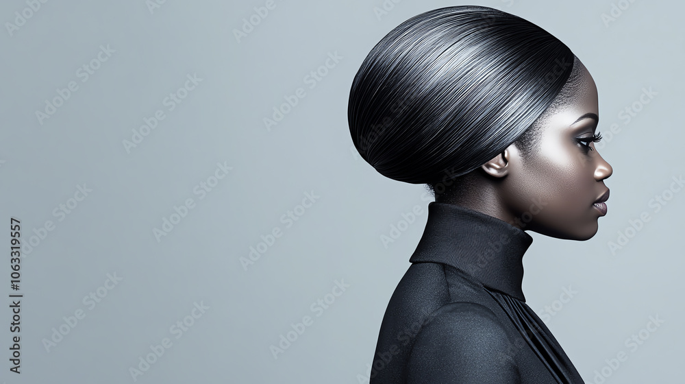 Fototapeta premium Elegant profile of a woman showcasing a sleek hairstyle against a minimalistic gray background, emphasizing beauty and sophistication.