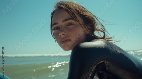 Young Surfer Woman in Black Wetsuit Relaxing on a Sunny Ocean Day