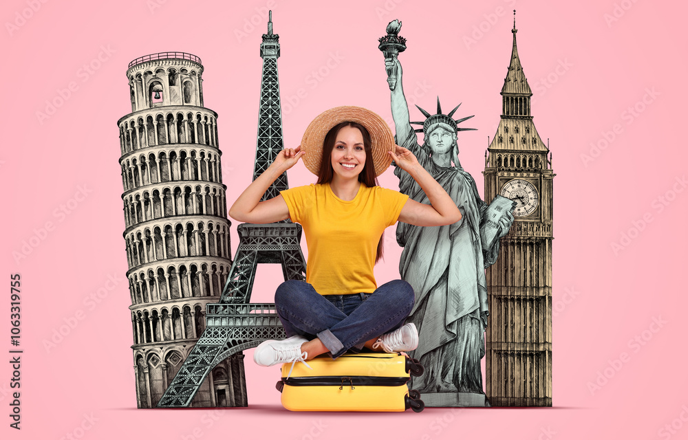 Obraz premium Happy traveler sitting on suitcase against pink background. Illustration of famous landmarks behind woman