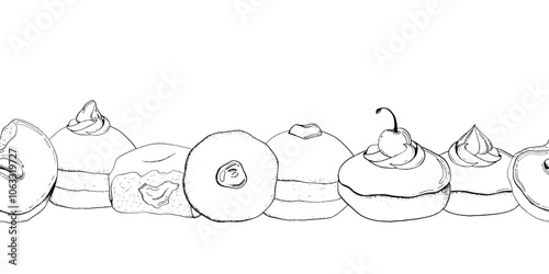 Delicious donuts with various toppings horizontal seamless border for Jewish Hanukkah holiday. Black and white ink vector illustration for banner template. Hand drawn sufganiyot doughnuts in a row