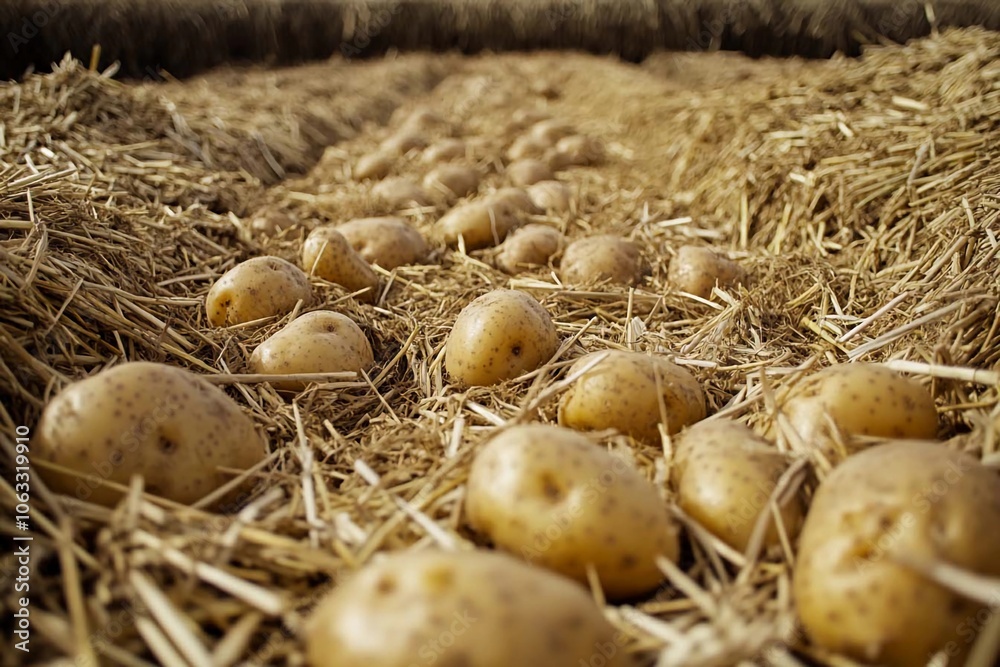 Harvesting fresh potatoes in a rustic field surrounded by golden straw. Generative AI Harvesting fresh potatoes in a rustic field surrounded by golden straw. Generative AI