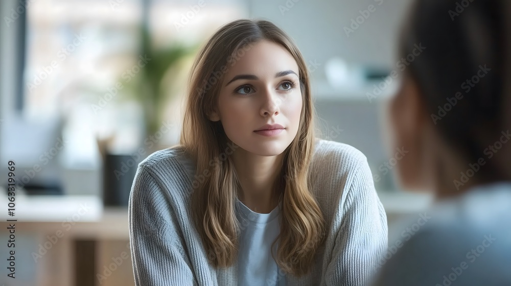 Captivating conversation a young woman engaged in a thoughtful discussion showcasing genuine interest and connection in a modern setting Captivating conversation a young woman engaged in a thoughtful discussion showcasing genuine interest and connection in a modern setting