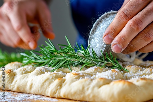 A chef adding sea salt and rosemary to homemade focaccia dough, with herbs pressing into the soft dough before baking photo