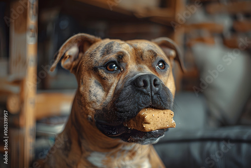 Cute American Staffordshire Terrier dog eating a treat