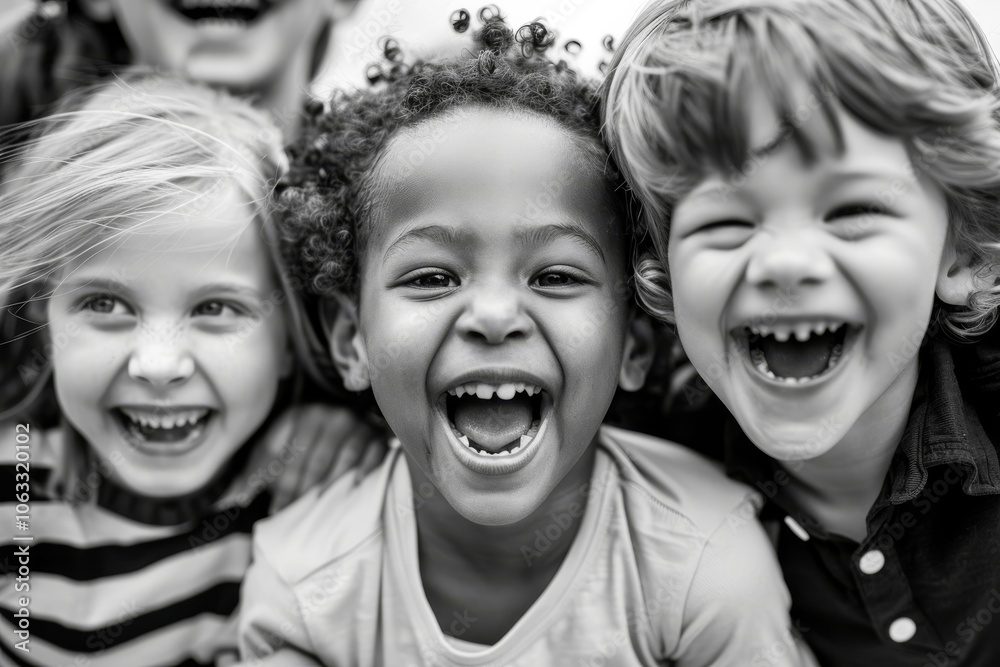 Group of happy children smiling and having fun together. Black and white. Group of happy children smiling and having fun together. Black and white.