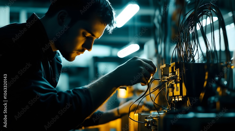 Exploring the intricacies of modern technology a skilled technician at work with electrical equipment in a dynamic environment Exploring the intricacies of modern technology a skilled technician at work with electrical equipment in a dynamic environment