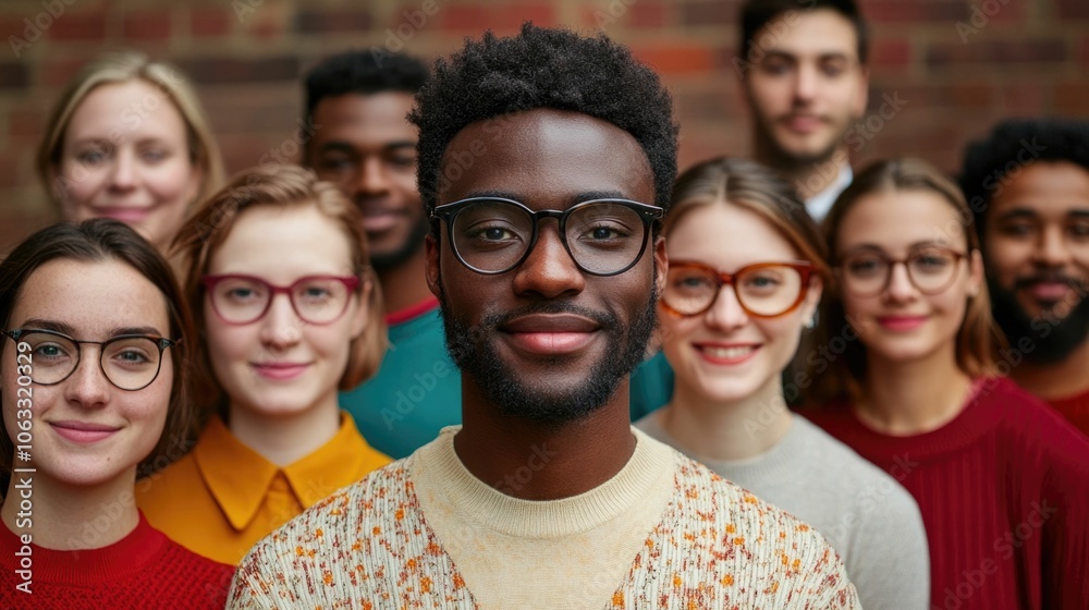 Obraz premium A vibrant group of friends from various cultural backgrounds coming together for a fun smiling portrait with a deep depth of field showcasing their unity connection and shared happiness