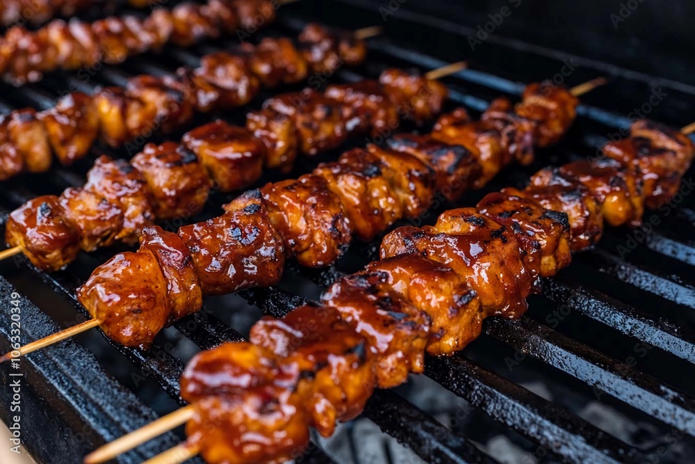 Sizzling barbecue chicken skewers grilling over hot coals on a summer evening. Generative AI Sizzling barbecue chicken skewers grilling over hot coals on a summer evening. Generative AI