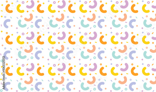 A colorful abstract pattern featuring playful shapes in pastel colors.