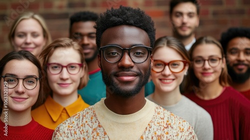 A vibrant group of friends from various cultural backgrounds coming together for a fun smiling portrait with a deep depth of field showcasing their unity connection and shared happiness