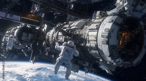 Fototapeta Naklejka Na Ścianę i Meble -  Exploring the vastness of space astronauts conducting repairs on a space station above earth