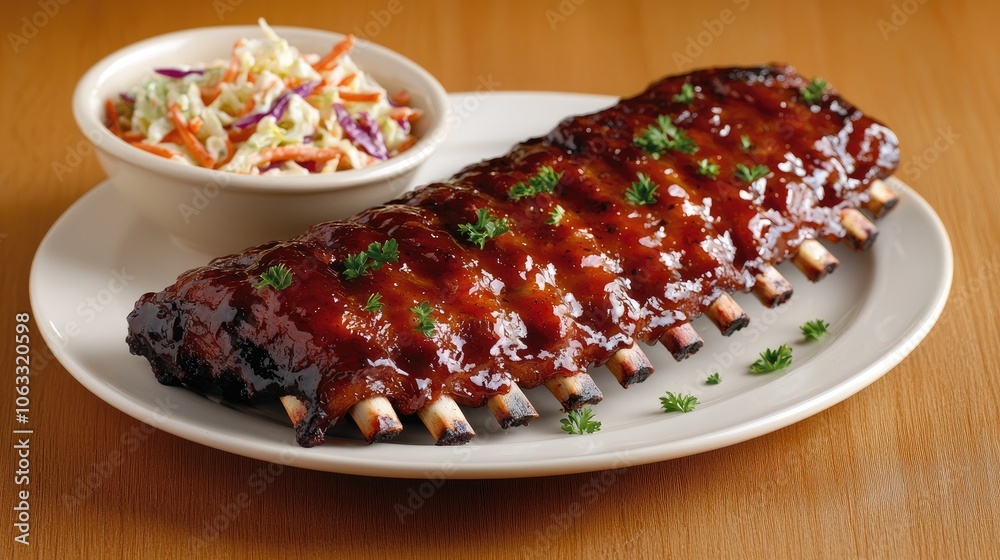 Savor delicious barbecue ribs with tasty coleslaw on the side for a perfect meal experience Savor delicious barbecue ribs with tasty coleslaw on the side for a perfect meal experience