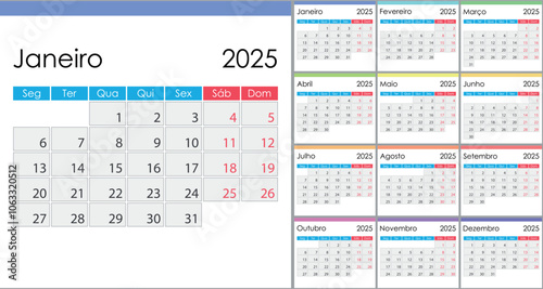 Calendar 2025 on Portuguese language, week start on Monday