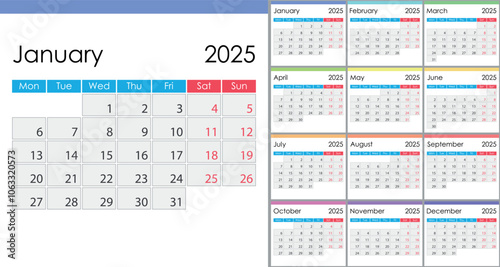 Calendar 2025 on English language, week start on Monday