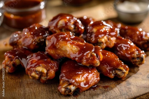 Glazed chicken wings on a rustic board at a casual gathering. Generative AI