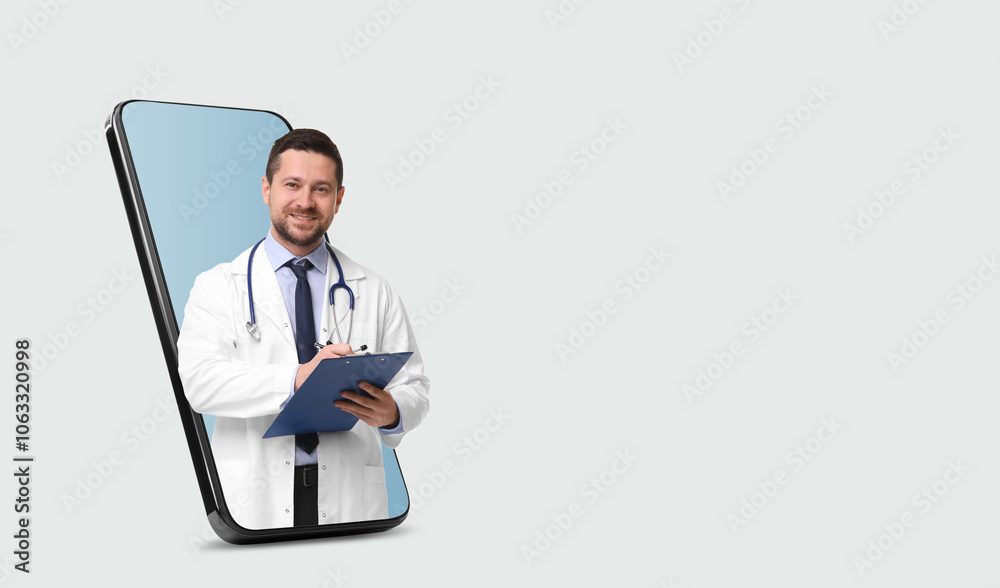 Online medical consultation. Doctor with clipboard on smartphone screen against light grey background. Banner design with space for text Online medical consultation. Doctor with clipboard on smartphone screen against light grey background. Banner design with space for text
