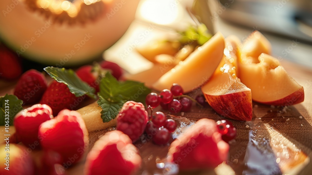 Close-up of a vibrant fruit platter with strawberries, raspberries, currants, melon, and fresh mint leaves for a healthy treat. Close-up of a vibrant fruit platter with strawberries, raspberries, currants, melon, and fresh mint leaves for a healthy treat.