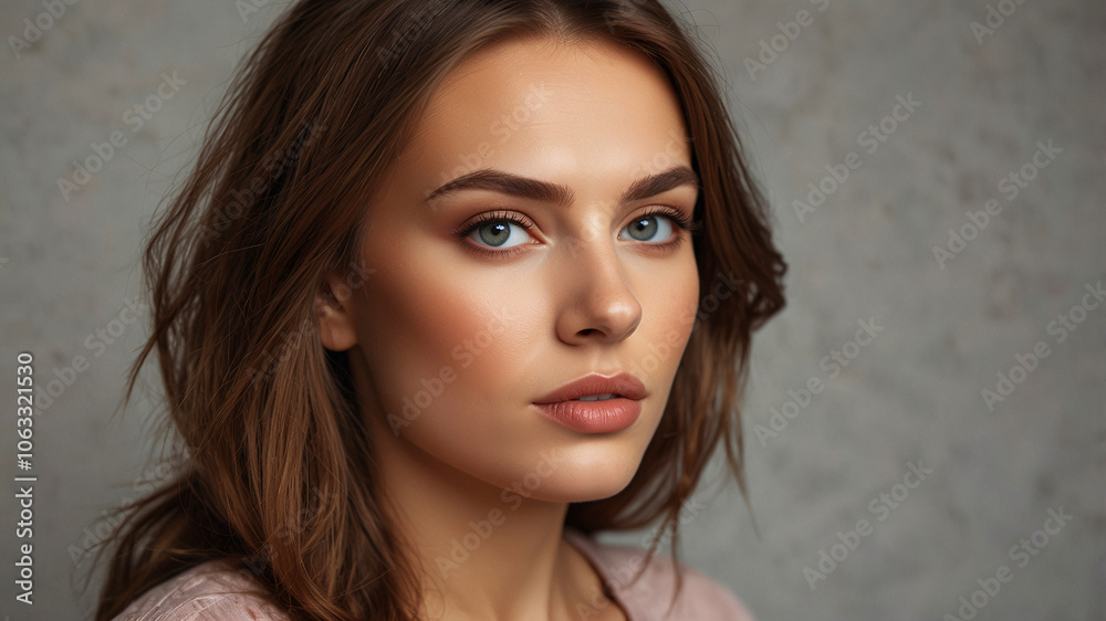 A stunning young woman with light brown hair is seen in profile, emanating thoughtfulness, set against a soft backdrop. A stunning young woman with light brown hair is seen in profile, emanating thoughtfulness, set against a soft backdrop.