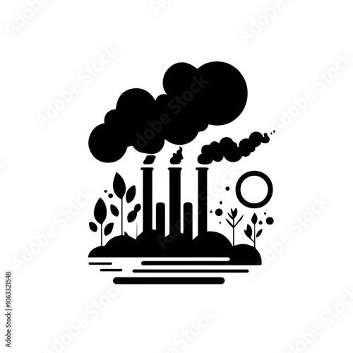 Black and white flat illustration on the topic of air pollution. Environmental pollution.