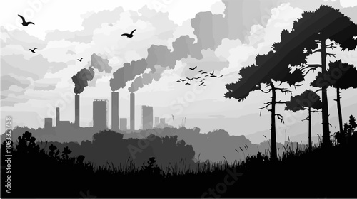 Black and white flat illustration on the topic of air pollution. Environmental pollution.