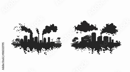 Black and white flat illustration on the topic of air pollution. Environmental pollution.