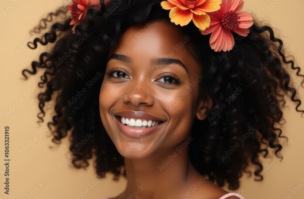 A woman who has beautiful curly hair is wearing a lovely flower delicately placed in her hair, enhancing her overall appearance A woman who has beautiful curly hair is wearing a lovely flower delicately placed in her hair, enhancing her overall appearance