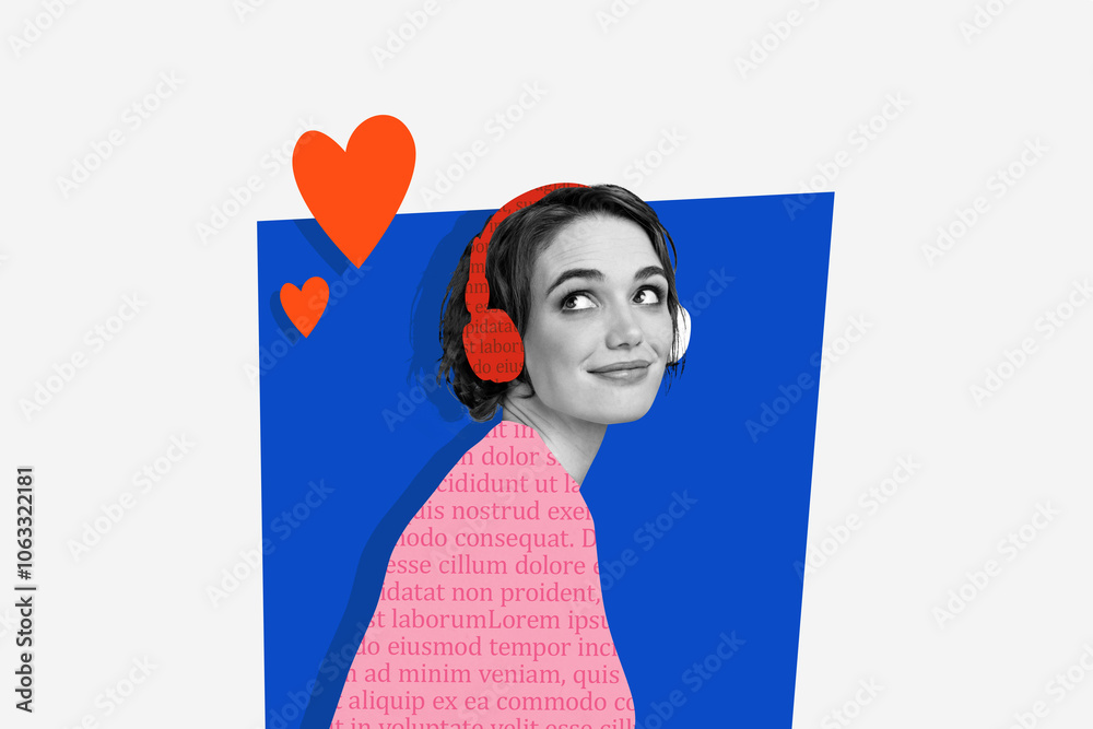 Composite trend artwork 3D sketch image collage of copyspace monochrome young woman portrait cute nice headphones listen music heart love