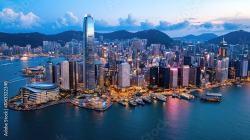 Discover hong kong's skyline a stunning aerial view of the vibrant cityscape at dusk