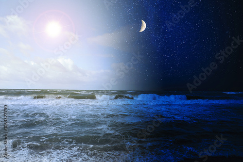 Foto Sea on sunny day and starry night, combined design