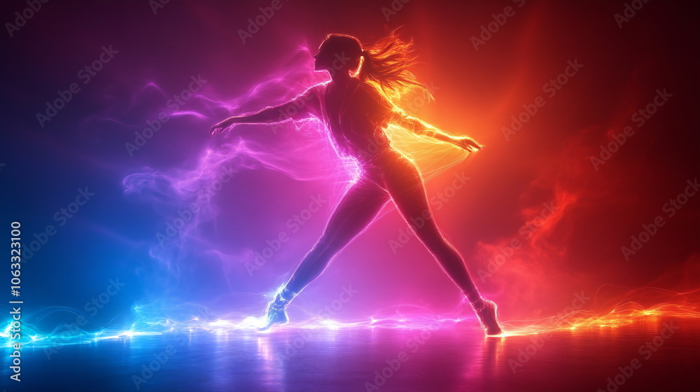A young woman dances in a burst of vibrant colors, glowing with energy and passion. Her silhouette is illuminated against a backdrop of swirling lights. A young woman dances in a burst of vibrant colors, glowing with energy and passion. Her silhouette is illuminated against a backdrop of swirling lights.