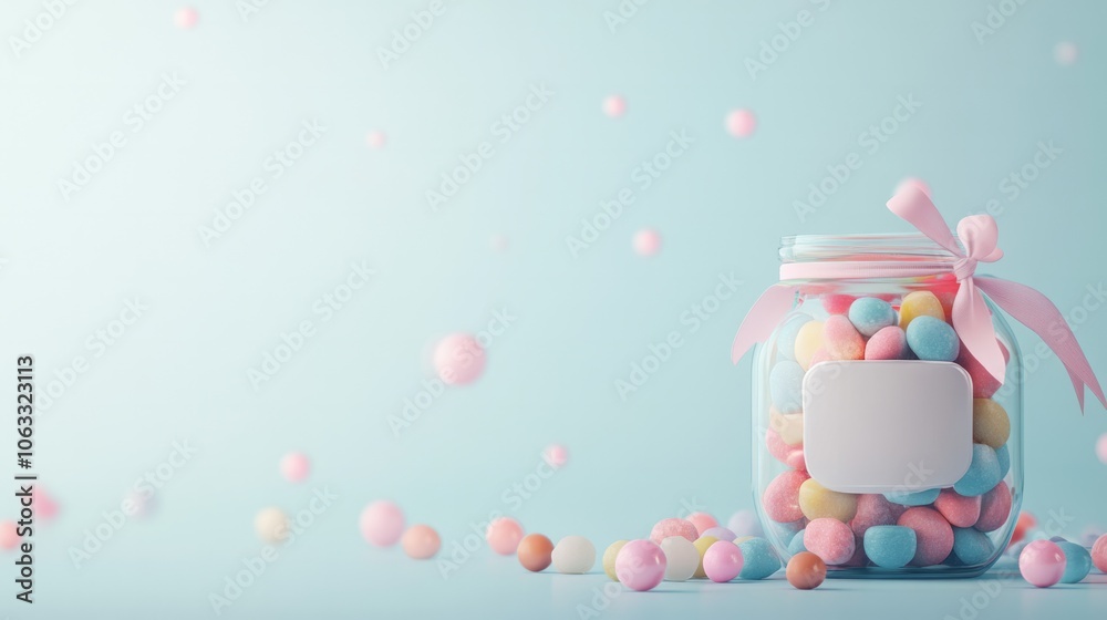 Elegant jar filled with colorful candies. Elegant jar filled with colorful candies.