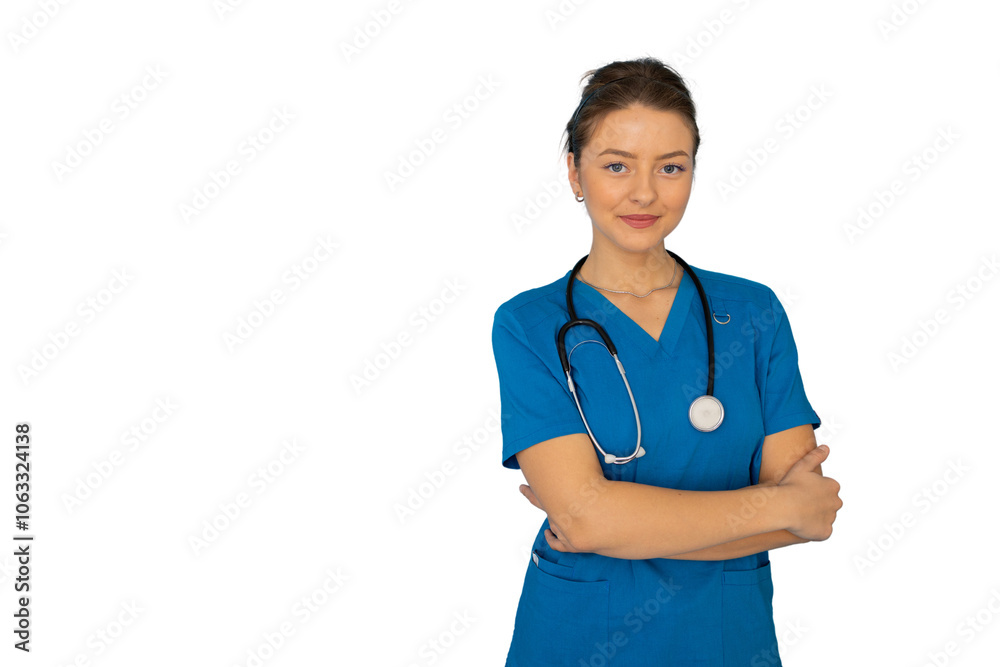 Compassionate nurse in scrubs ready to provide care Compassionate nurse in scrubs ready to provide care
