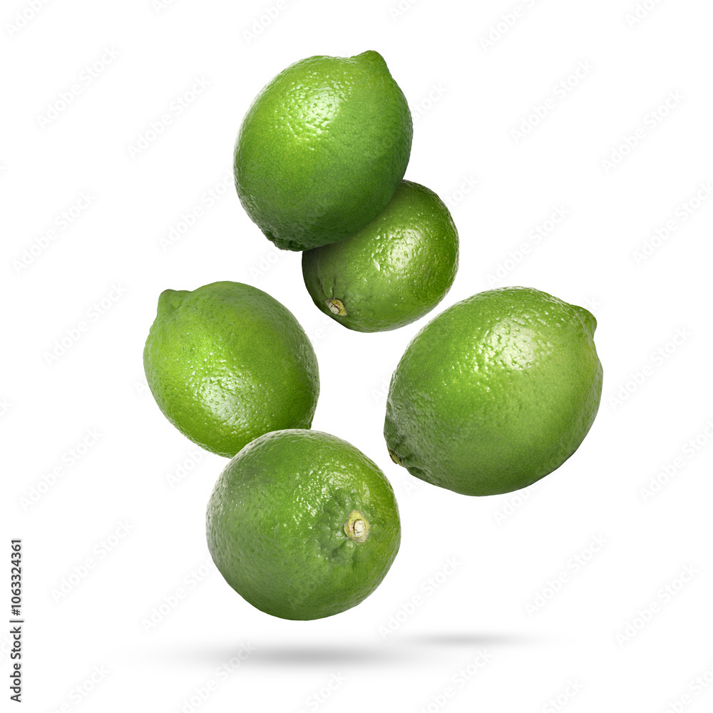 Fresh ripe limes falling on white background Fresh ripe limes falling on white background