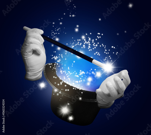 Magician showing trick with magic wand and top hat on dark blue background