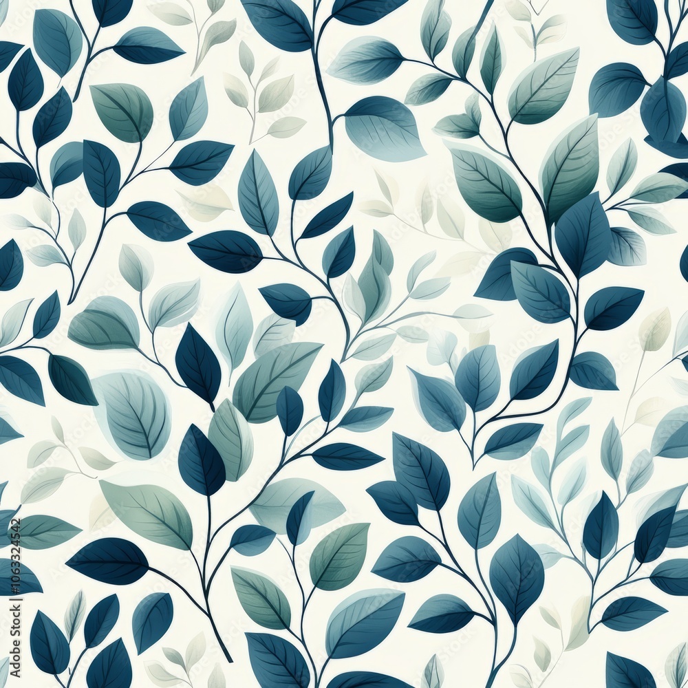 A seamless pattern of stylized leaves in various shades of blue and green. A seamless pattern of stylized leaves in various shades of blue and green.