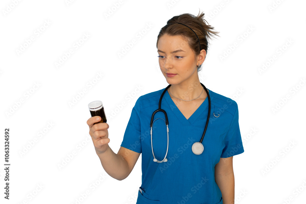 Young nurse in scrubs confidently holding a medication bottle Young nurse in scrubs confidently holding a medication bottle