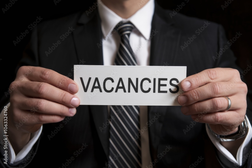 Man in suit holding sign with word vacancies, business concept Man in suit holding sign with word vacancies, business concept