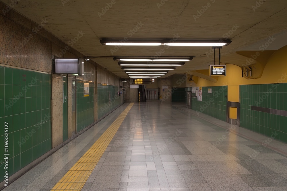 A Quiet Subway Corridor With Green Tiles and Bright Lights, Showcasing a Modern Urban Transit Environment in the Early Morning