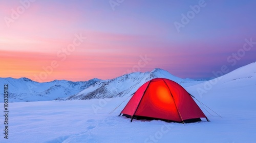 Breathtaking winter sunrise illuminating a tent pitched on a snowy mountainside creating a serene and dramatic landscape with deep depth of field