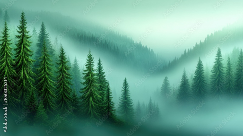 Obraz premium Misty evergreen forest with rolling hills and dense fog, AI