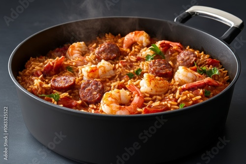 A pot of jambalaya simmering with rice, sausage, and seafood, with steam and a complex, aromatic scent rising