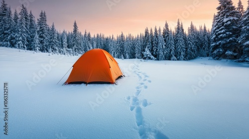 Footprints in the Snow Leading to a Tent Set Up in a Remote Snow Covered Forest Landscape with a Sense of Adventure and Solitude