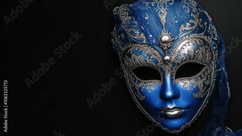 Blue carnival venetian mask with silver decoration on black background with copy space.