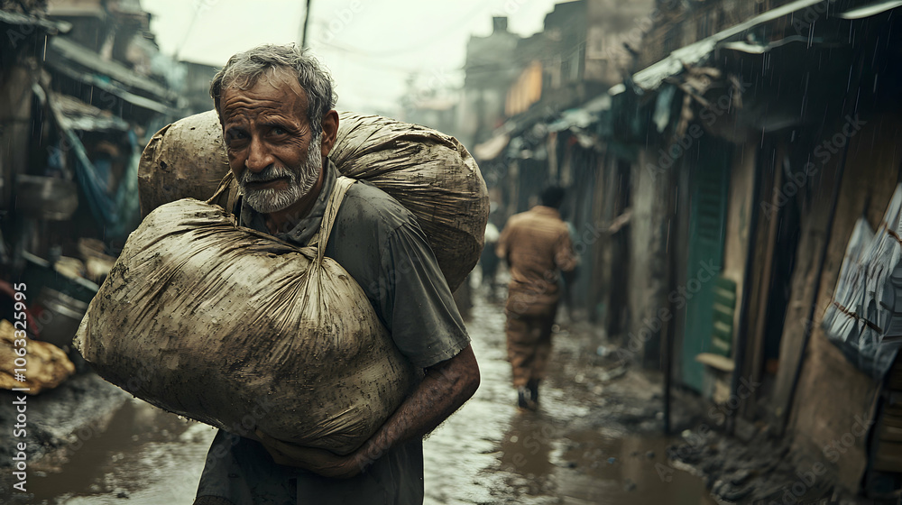 Elderly Man Carrying Large Sack in Rainy Street