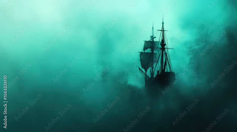 Silhouette of a ship sailing through a foggy, eerie sea, representing a mysterious adventure concept full of intrigue. Silhouette of a ship sailing through a foggy, eerie sea, representing a mysterious adventure concept full of intrigue.