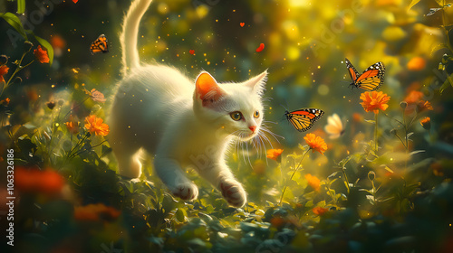 Adventure in Nature: The Playful Khao Manee Cat Chasing Butterflies in a Vibrant Garden