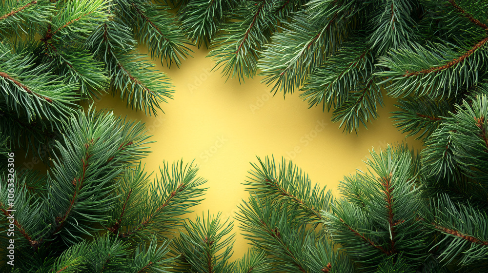 Beautiful green spruce paws on a yellow background close-up Beautiful green spruce paws on a yellow background close-up